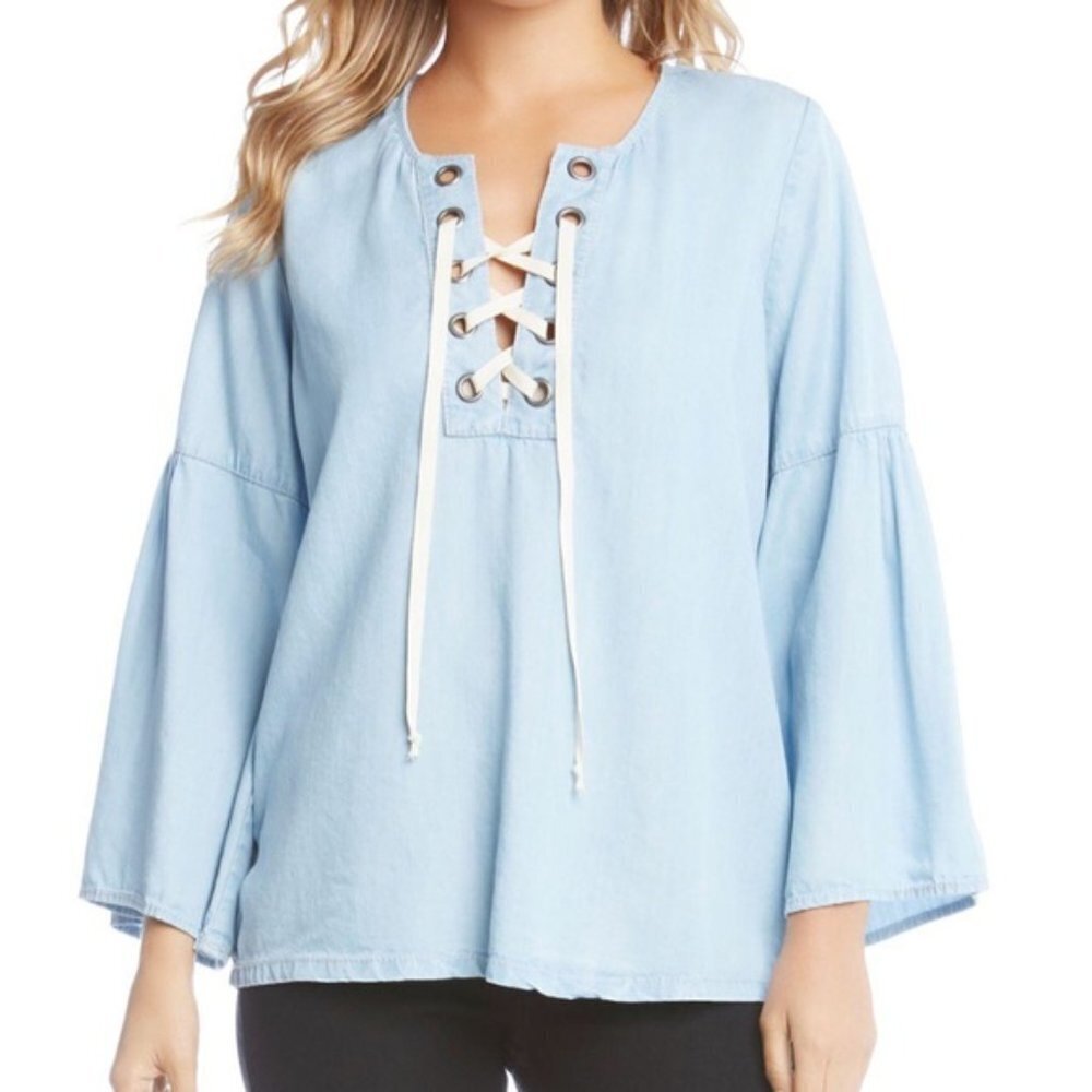 Karen Kane Chambray blue bell sleeve lace up front top size M